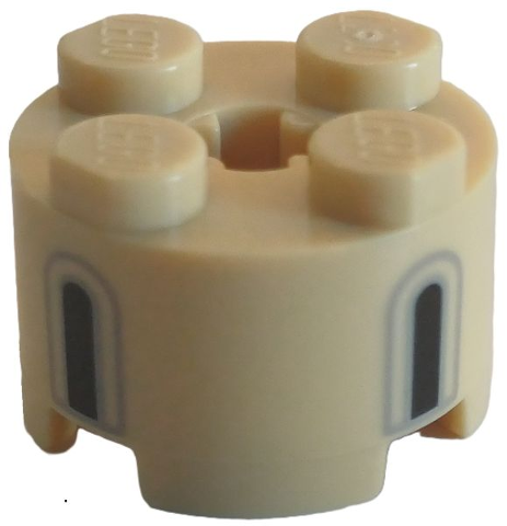 Brick, Round 2 x 2 with Axle Hole with 2 Black and Light Bluish Gray Castle Windows Pattern