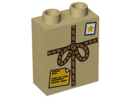 Duplo, Brick 1 x 2 x 2 with Tied Parcel with Star Stamp and Orange Shipping Label Pattern