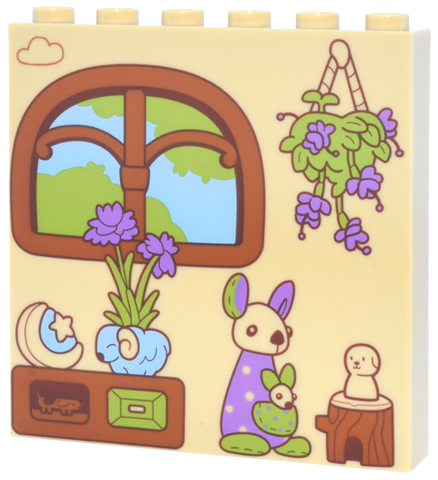 Panel 1 x 6 x 5 with Dark Orange Window with Lime Trees and Bright Light Blue Sky, Plants with Medium Lavender Flowers, Bunny and Night Light Pattern