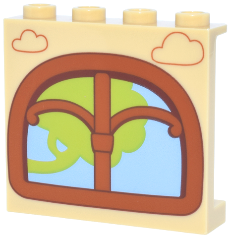 Panel 1 x 4 x 3 with Side Supports - Hollow Studs with Dark Orange Clouds and Window with Lime Tree and Bright Light Blue Sky Pattern