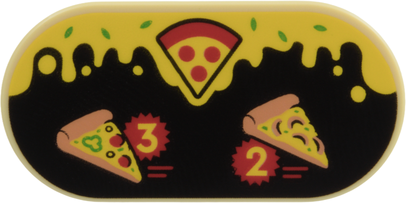 Tile, Round 2 x 4 Oval with Red Pepperoni Pizza Slice, Medium Nougat Slices with Green Peppers, Black Olives and Mushrooms, Yellow Dripping Cheese and Numbers 3 and 2 on Black Background Pattern