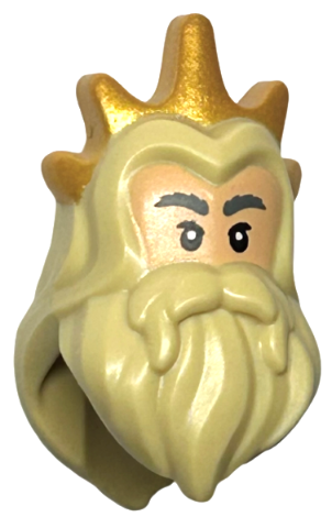 Minifigure, Hair Long with Center Part and Beard with Gold Crown, Medium Tan Face, Dark Bluish Gray Bushy Eyebrows Pattern