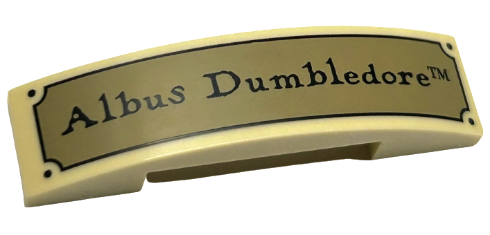 Slope, Curved 4 x 1 x 2/3 Double with Black 'Albus Dumbledore' on Gold Plaque Pattern
