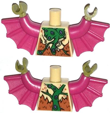 Torso Bat with Vestigial Minifigure Arms, Green and Purple Vein and Dark Orange Fur Pattern / Magenta Arms with Wings / Olive Green Hands