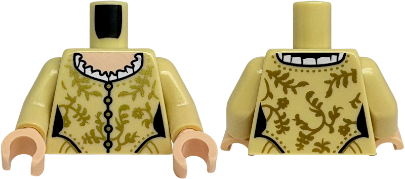 Torso Female Dress with Gold Buttons, Flowers and Leaves, White Collar with Ruffles, Light Nougat Neck Pattern / Tan Arms / Light Nougat Hands