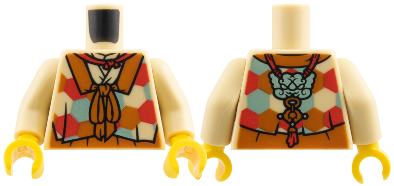 Tan torso with a colorful hexagon pattern and a dark orange tied collar, tan arms, and yellow hands.