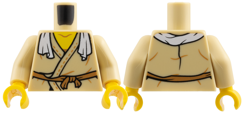 Tan torso with a white rag draped over the shoulders and a brown tied belt, tan arms, and yellow hands.