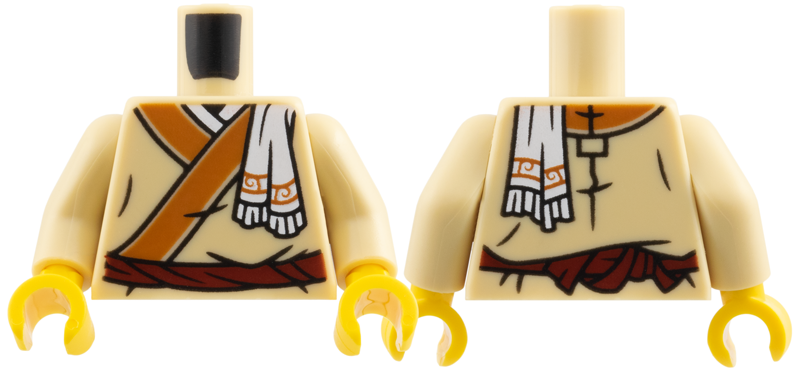 Tan torso with a white towel over the shoulder and a dark red belt, tan arms, and yellow hands.