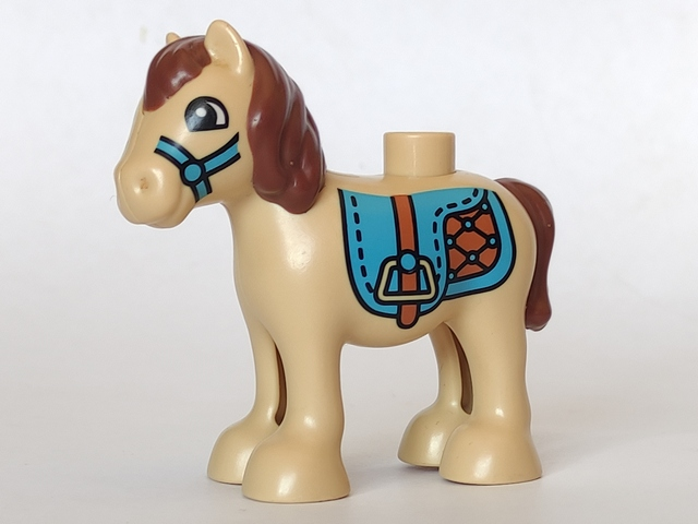 Duplo Horse Baby Foal Pony with Reddish Brown Mane and Tail, Medium Azure Saddle with Stirrups, Medium Azure Bridle Pattern