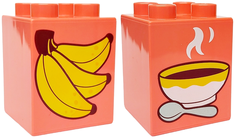 Duplo, Brick 2 x 2 x 2 with Yellow Bananas with Reddish Brown Outlines / Bowl with Silver Spoon Pattern