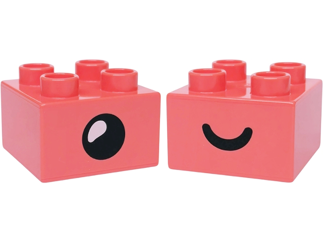 Duplo, Brick 2 x 2 with Black Eye Open / Closed Pattern on Opposite Sides
