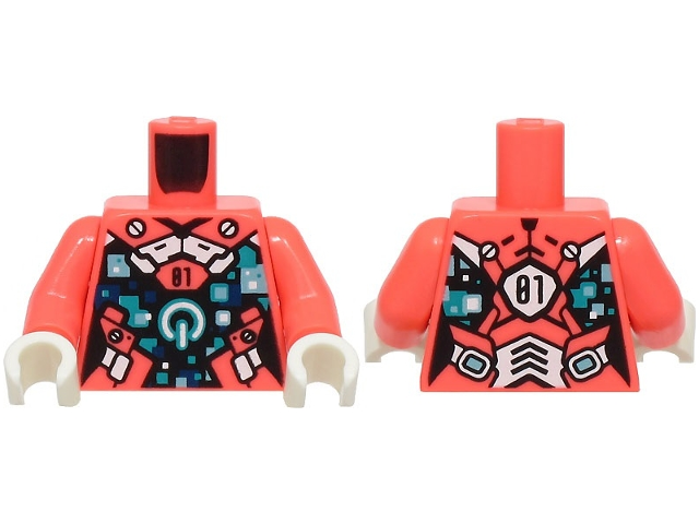 Torso Female Dress with Black '10', White Trim, Dark Turquoise and Metallic Light Blue Squares, Power Button Logo Pattern / Coral Arms / White Hands