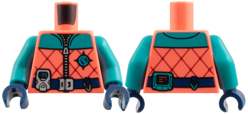 Coral torso with dark turquoise arms and dark blue hands. Features a quilted jacket print with a zipper, compass logo, and a utility belt.