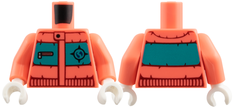 Coral torso with coral arms and white hands. Features a puffer jacket design with a dark turquoise chest panel and a compass logo.