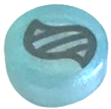 Tile, Round 1 x 1 with Silver DNA Double Helix Pattern (Pokémon Mega Stone) in Satin Trans-Light Blue