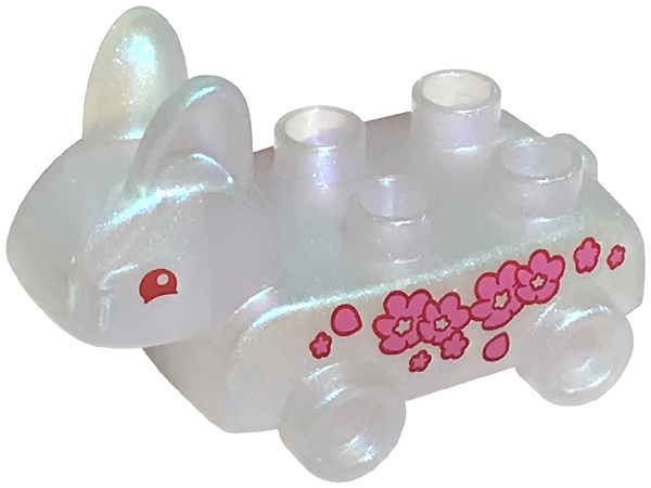 Duplo Pull Toy Bunny / Rabbit on Wheels with Red Eyes and Dark Pink Flowers Pattern