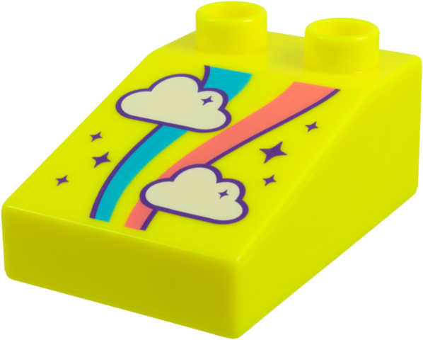 Duplo, Brick 3 x 2 Slope 33 with White Clouds, Dark Azure and Coral Stripes, Dark Purple Sparkles and Outlines Pattern