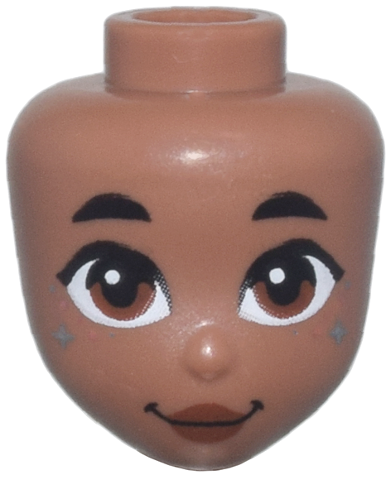 Mini Doll, Head Friends with Black Eyebrows, Reddish Brown Eyes and Lips, Metallic Light Blue and Metallic Pink Dots and Sparkles, Grin Pattern