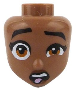 Mini Doll, Head Friends with Black Thick Eyebrows Raised, Eyelashes, Dark Orange Eyes, Reddish Brown Lips, Disgusted Open Mouth with Top Teeth and Bright Pink Tongue Sticking Out Pattern