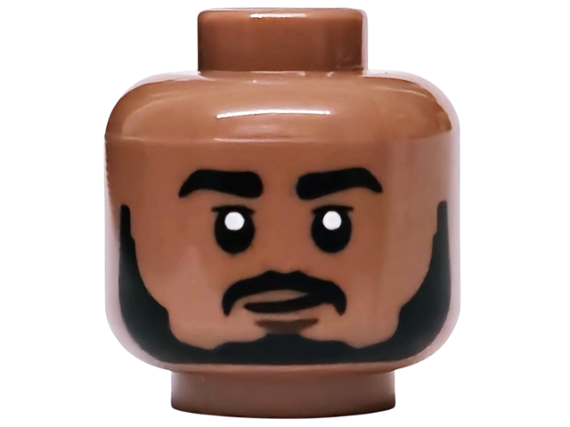 Medium brown head with black eyebrows, a moustache, a beard, and a lopsided grinning expression.