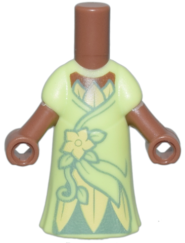 Micro Doll, Body with Molded Yellowish Green Dress and Printed Bright Light Yellow Flower, Leaves and Vine, Metallic Light Blue Gathers, Medium Brown Neck Pattern