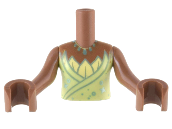 Torso Mini Doll Girl Yellowish Green Top with Bright Light Yellow Leaves and Metallic Light Blue Pointed Necklace Pattern, Medium Brown Arms with Hands