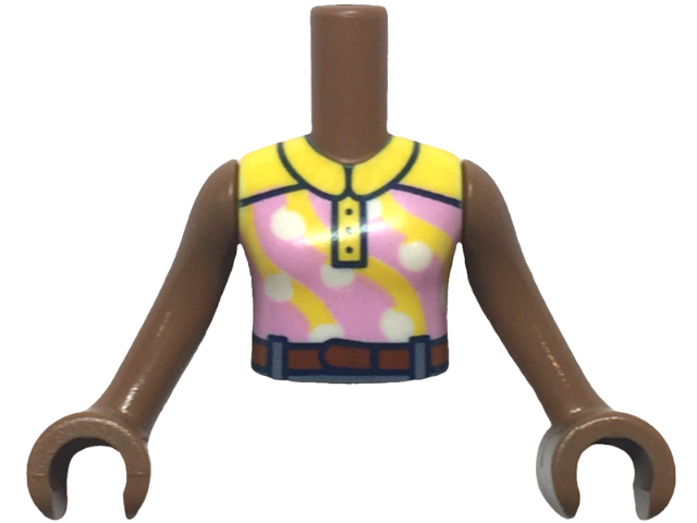 Torso Mini Doll Girl Bright Pink Sleeveless Top with White Polka Dots, Yellow Collar and Stripes, Reddish Brown Belt Pattern, Medium Brown Arms with Hands