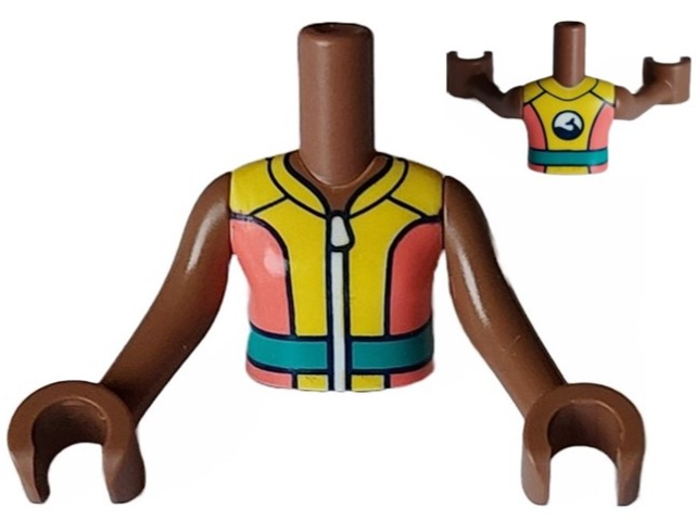 Torso Mini Doll Girl Coral and Yellow Wetsuit with White Zipper, Dark Turquoise Belt and Dolphin / Whale Logo on Back Pattern, Medium Brown Arms with Hands