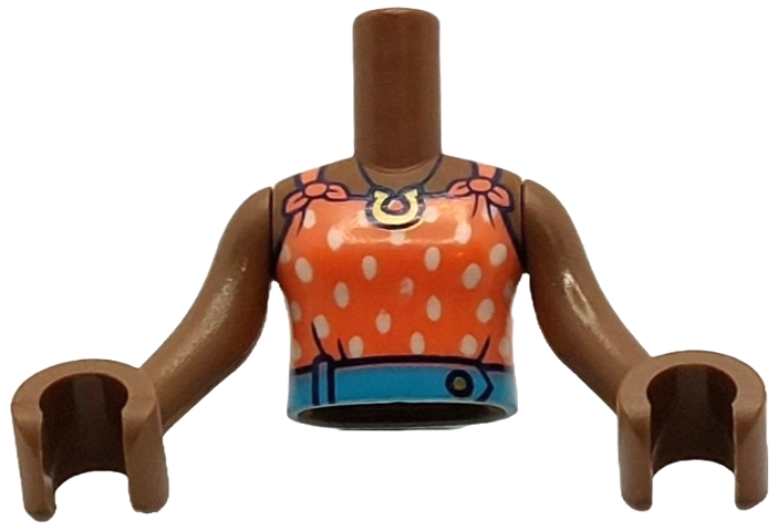 Torso Mini Doll Girl Coral Halter Top with White Dots, Medium Azure Belt with Gold Button and Horseshoe Necklace Pattern, Medium Brown Arms with Hands