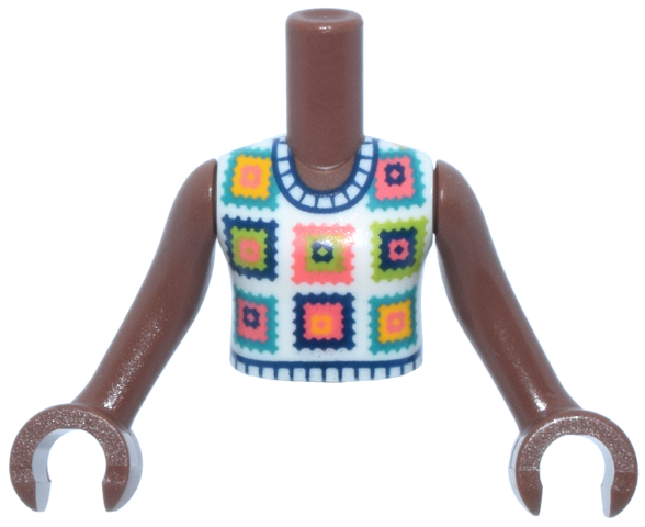 Torso Mini Doll Girl White Sleeveless Crochet Top with Squares Pattern, Medium Brown Arms with Hands