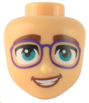 Mini Doll, Head Friends with Thick Reddish Brown Eyebrows, Dark Turquoise Eyes, Dark Purple Glasses, and Open Mouth Smile with Teeth Pattern