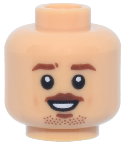 Medium tan minifigure head with reddish brown eyebrows, a moustache, and chin stubble with an open mouth smile.