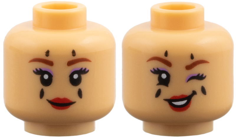 Medium tan minifigure head with reddish brown eyebrows, black tattoo dots, and red lips, featuring a grin and a wink.