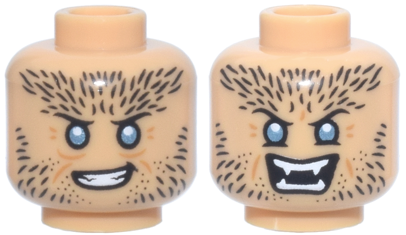 Medium tan dual-sided head with stubble and blue eyes, showing a smile on one side and an angry face with fangs on the other.