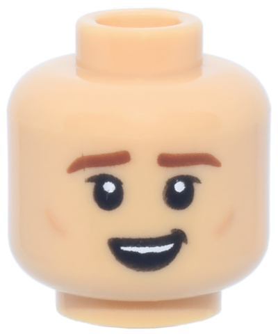 Medium tan head with reddish brown eyebrows and a lopsided open mouth smile showing teeth.