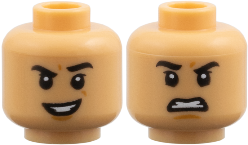 Medium tan dual-sided head, open mouth smile and scowl