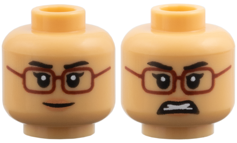 Medium tan dual-sided female head with dark red glasses