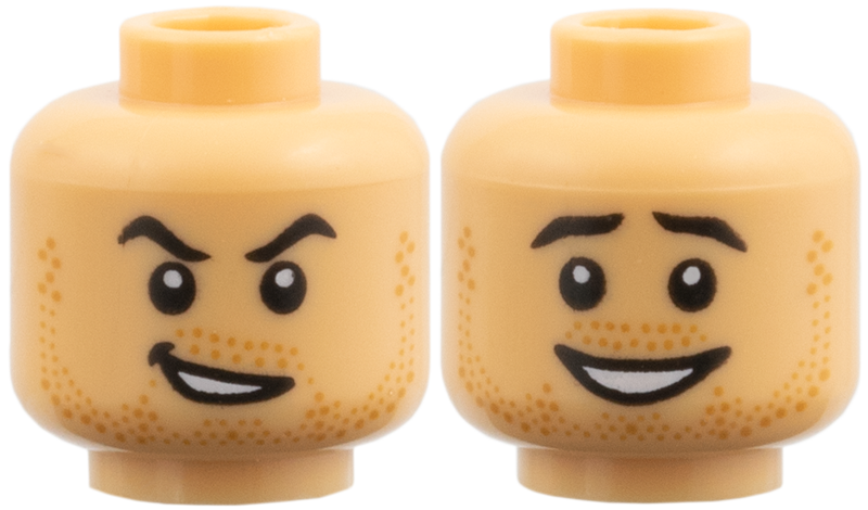 Medium tan dual-sided head with stubble and evil grin