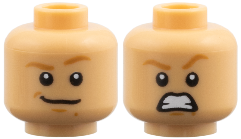 Medium tan dual-sided head with smirk and angry teeth