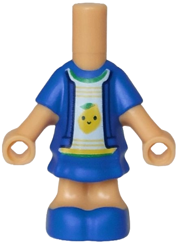 Micro Doll, Body with Molded Blue Short Layered Dress and Shoes and Printed White Shirt with Bright Green Collar and Leaves, Yellow Lemon and Stripes Pattern