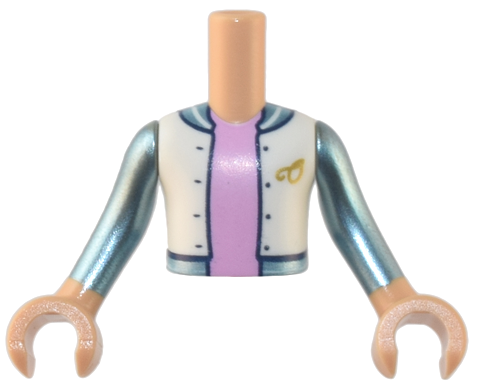 Torso Mini Doll Boy White Jacket over Bright Pink Shirt, Metallic Light Blue and Gold 'O' Pattern, Medium Tan Arms with Hands with Metallic Light Blue Long Sleeves