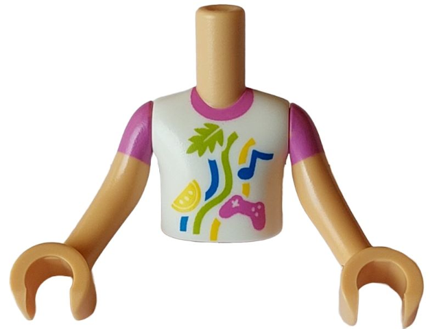 Torso Mini Doll Boy White Shirt with Dark Pink Collar and Game Controller, Blue Musical Note, Lime Leave, Yellow Lemon Slice and Lines Pattern, Medium Tan Arms with Hands with Dark Pink Short Sleeves