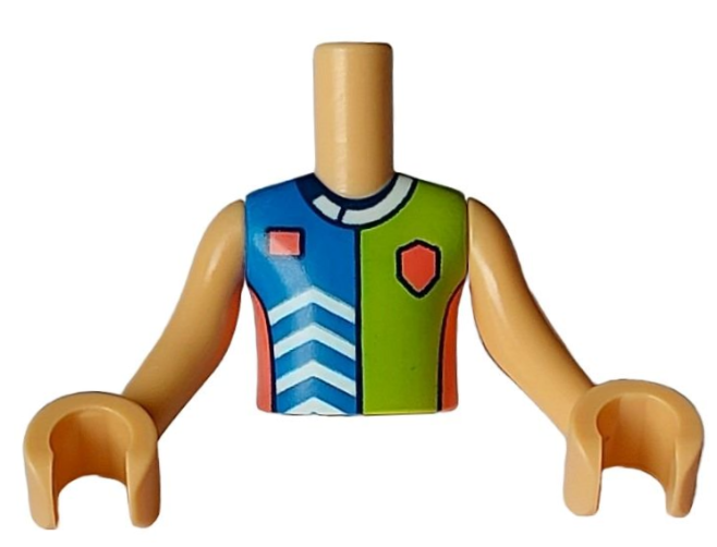 Torso Mini Doll Boy Blue, Lime, and Coral Sports Uniform Shirt with White Chevrons and Collar, Dark Blue Number 3 on Back Pattern, Medium Tan Arms with Hands