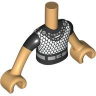 Torso Mini Doll Boy Black and White Mesh T-Shirt, Silver Necklace and Belt Pattern, Medium Tan Arms with Hands with Black Short Sleeves