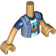 Torso Mini Doll Boy Sand Blue Jacket over White T-Shirt with Orange Tent, Dark Blue Trees, Dark Turquoise Sky and Ground Pattern, Medium Tan Arms with Hands with Dark Blue Short Sleeves