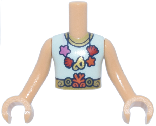 Torso Mini Doll Boy Light Aqua Sleeveless Shirt, Gold Belt and Collar, Reddish Orange, Red and Dark Pink Necklace Pattern, Medium Tan Arms with Hands