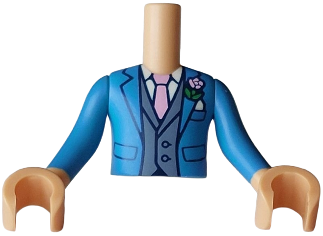 Torso Mini Doll Boy Dark Azure Tuxedo Jacket Open over Dark Bluish Gray Vest and White Shirt with Bright Pink Tie and Corsage Pattern, Medium Tan Arms with Hands with Dark Azure Long Sleeves