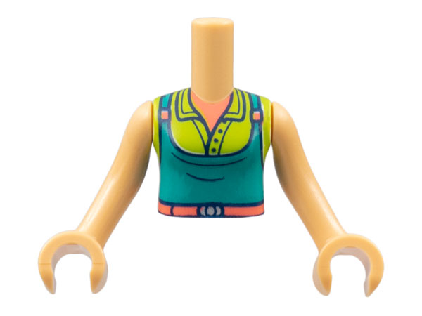 Torso Mini Doll Girl Coral Neck and Belt, Lime Shirt, Dark Turquoise Apron Pattern, Medium Tan Arms with Hands