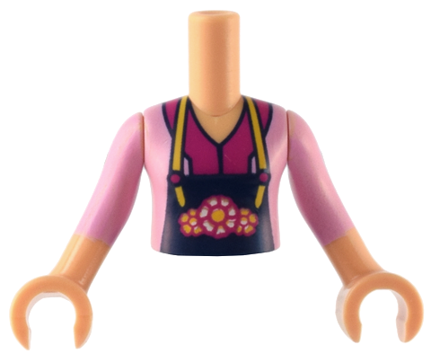 Torso Mini Doll Girl Bright Pink Top over Magenta Shirt, Dark Blue Apron with Flowers Pattern, Medium Tan Arms with Hands with Bright Pink Sleeves