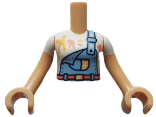 Torso Mini Doll Girl Bright Light Blue Overalls over White Shirt with Paint Stains Pattern, Medium Tan Arms with Hands with White Short Sleeves
